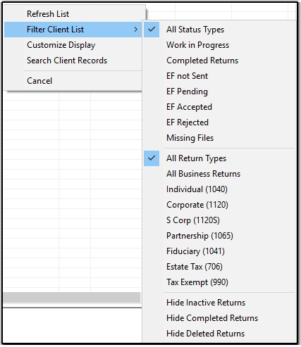 An image showing PCM filters available for the non-admin preparer.